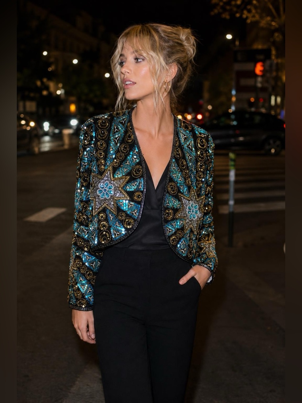 Scala Beaded Sequin Cropped Bolero Jacket Black Turquoise Gold Silk Eveningwear